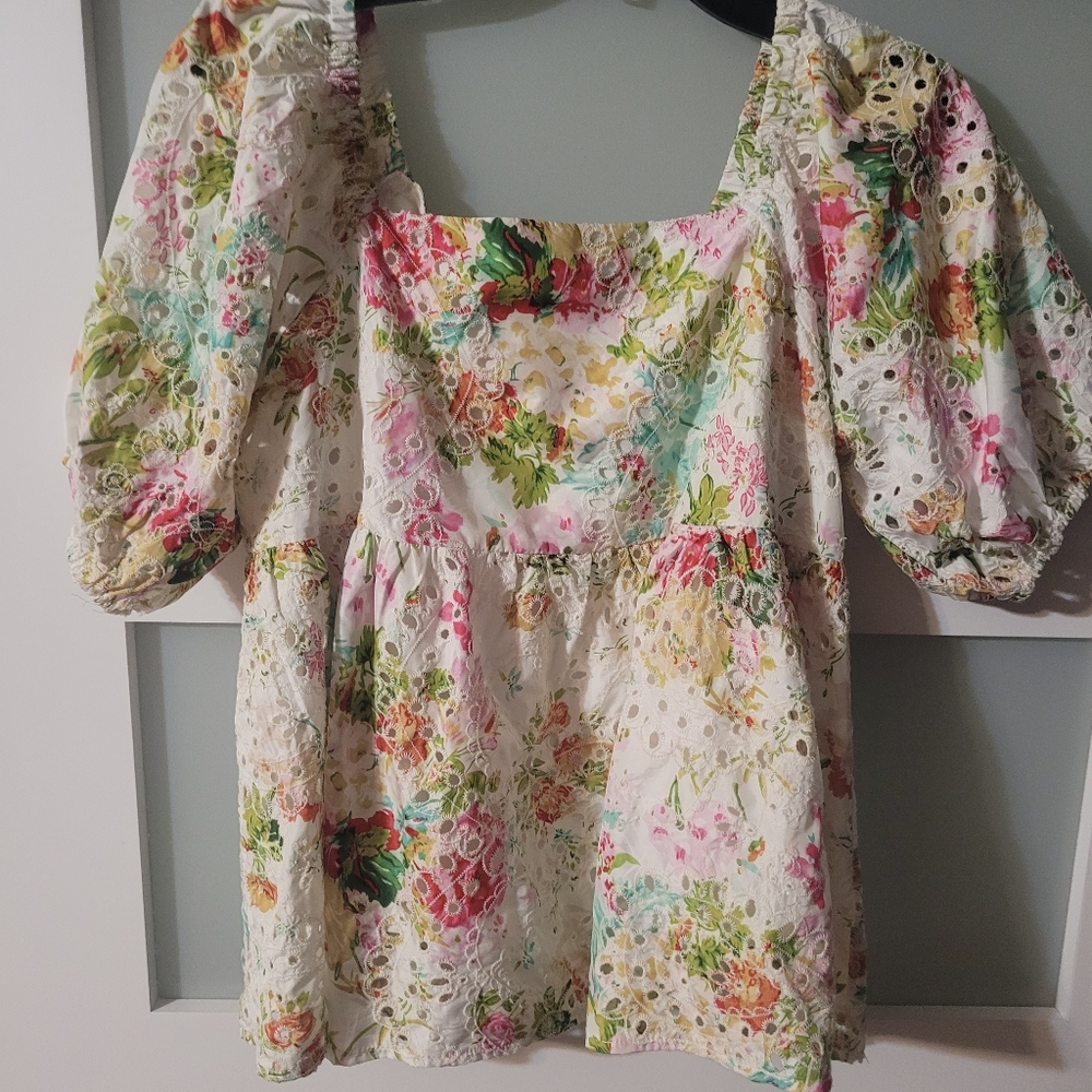 Oddy Eyelet Bohemian Boho Floral Top Thlm Babydoll Women's M